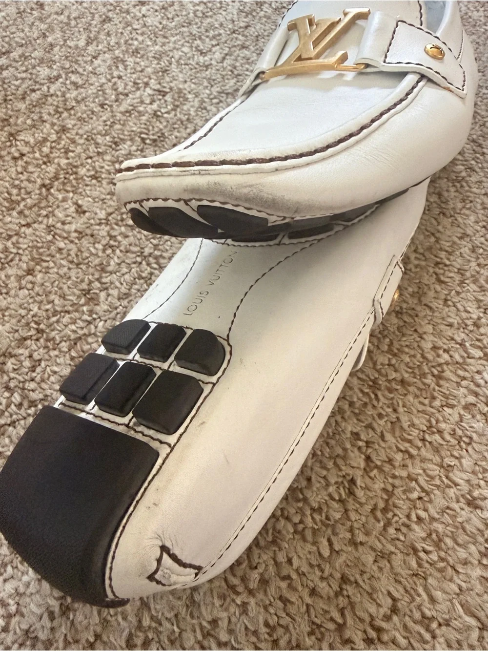 Louis Vuitton White Leather Loafers with Gold LV Hardware